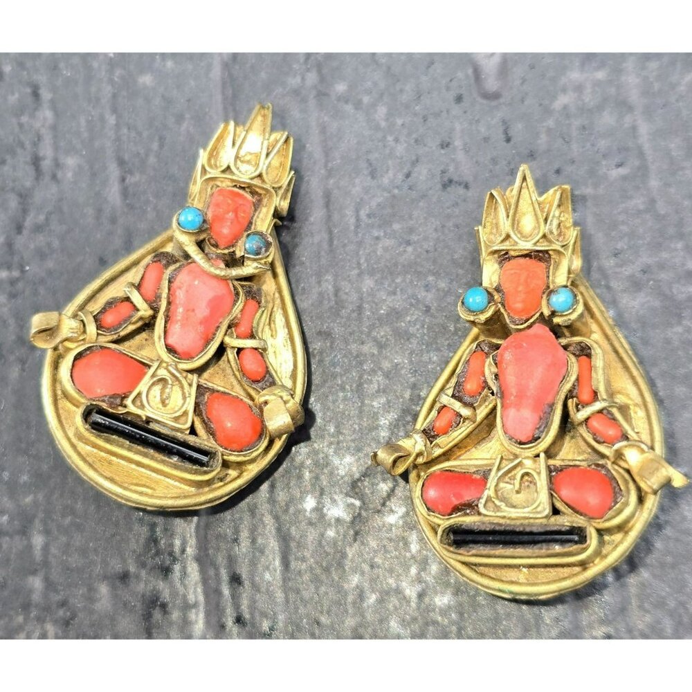 Vintage Gold-Toned Hindu Goddess Earrings Coral & Turquoise Stone Accents HS216